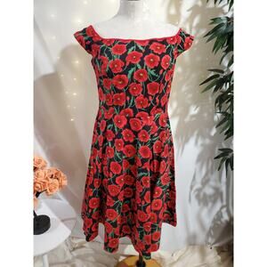 Hell Bunny Vixen Floral Poppy Fit & Flare Pinup Dress Sz M Retro Cocktail Party